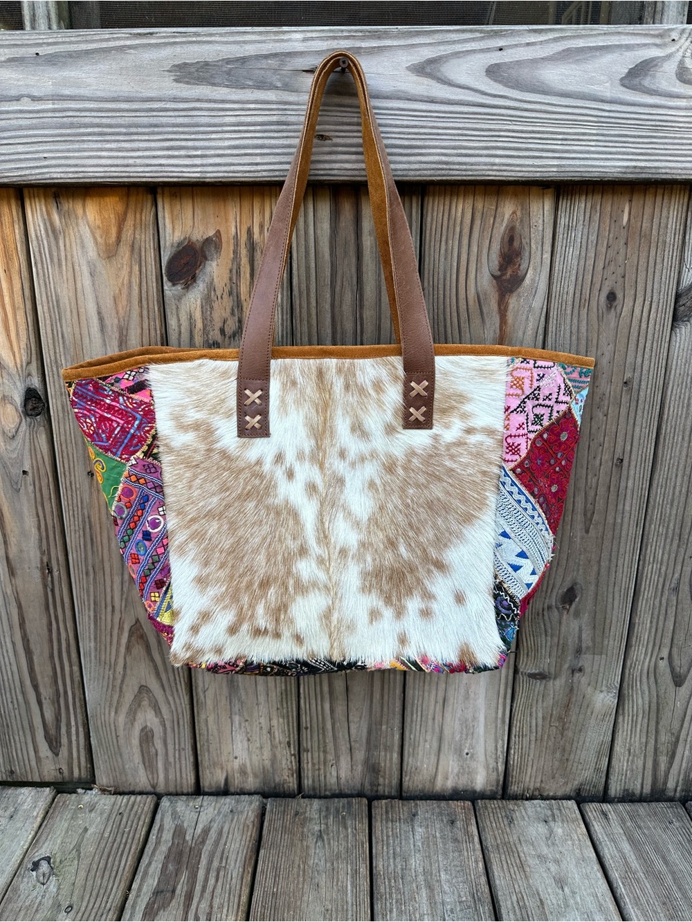 GENUINE COWHIDE SUEDE LEATHER TRIM TOTE BAG PURSE